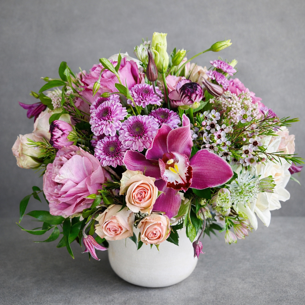 Bouquet of flowers with pink and purple colors in a white vase