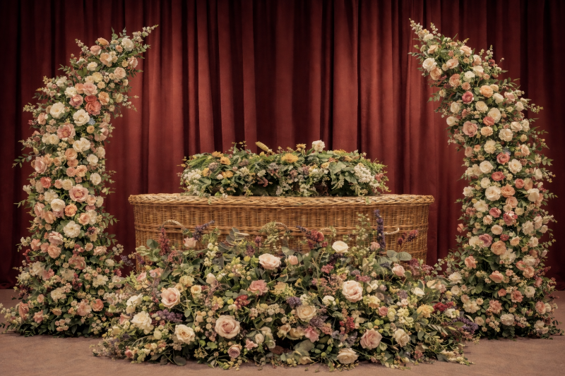 Decorative floral arrangement around a casket