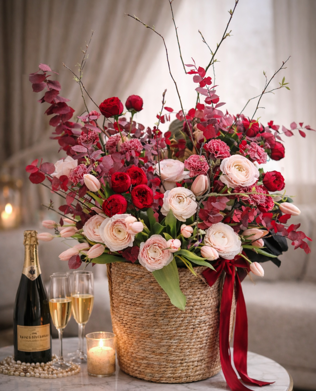 Bouquet of flowers in a woven basket