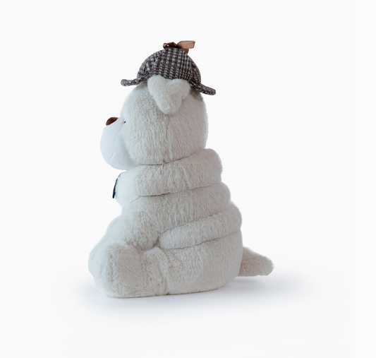 Plush dog toy with a checkered hat