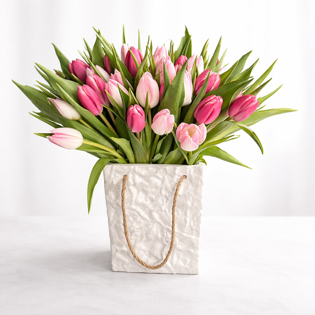 Tulip Treasure Tote 30 Fresh Tulips in Ceramic Tote | Flowers N