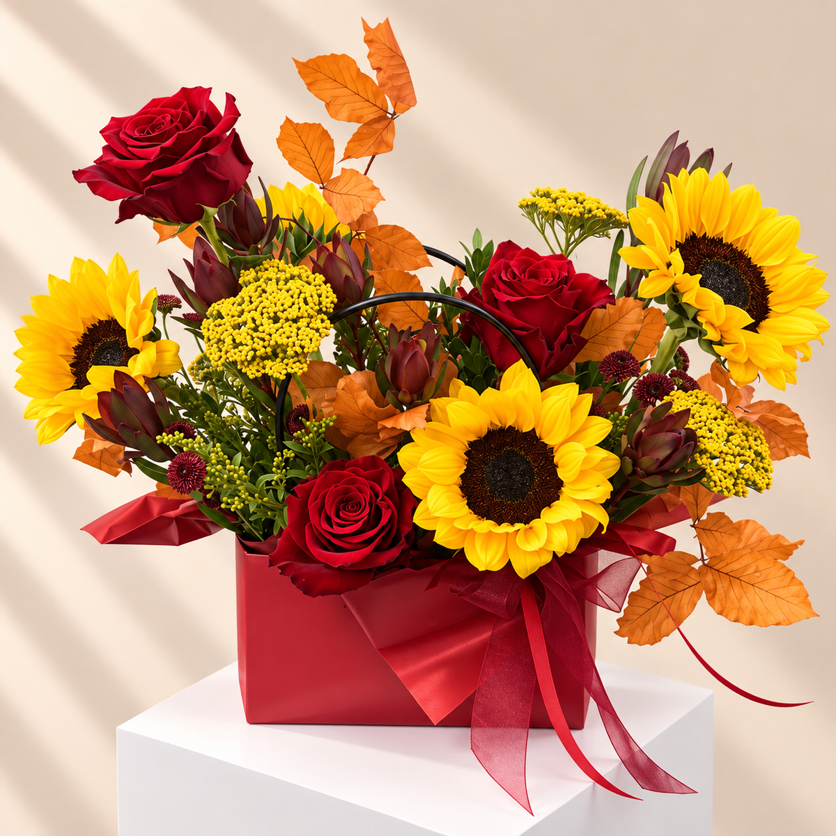 Autumn Beauty flower arrangement with yellow sunflowers, red roses and orange autumn accents in a red gift bag with ribbon