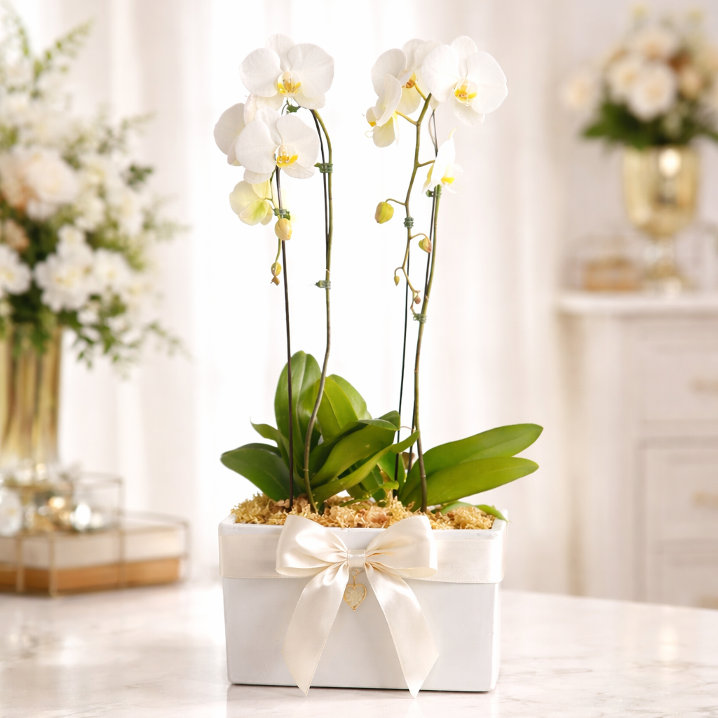 Double orchid plant arrangement in elegant ceramic pot - premium live flowering plants for home or office decor