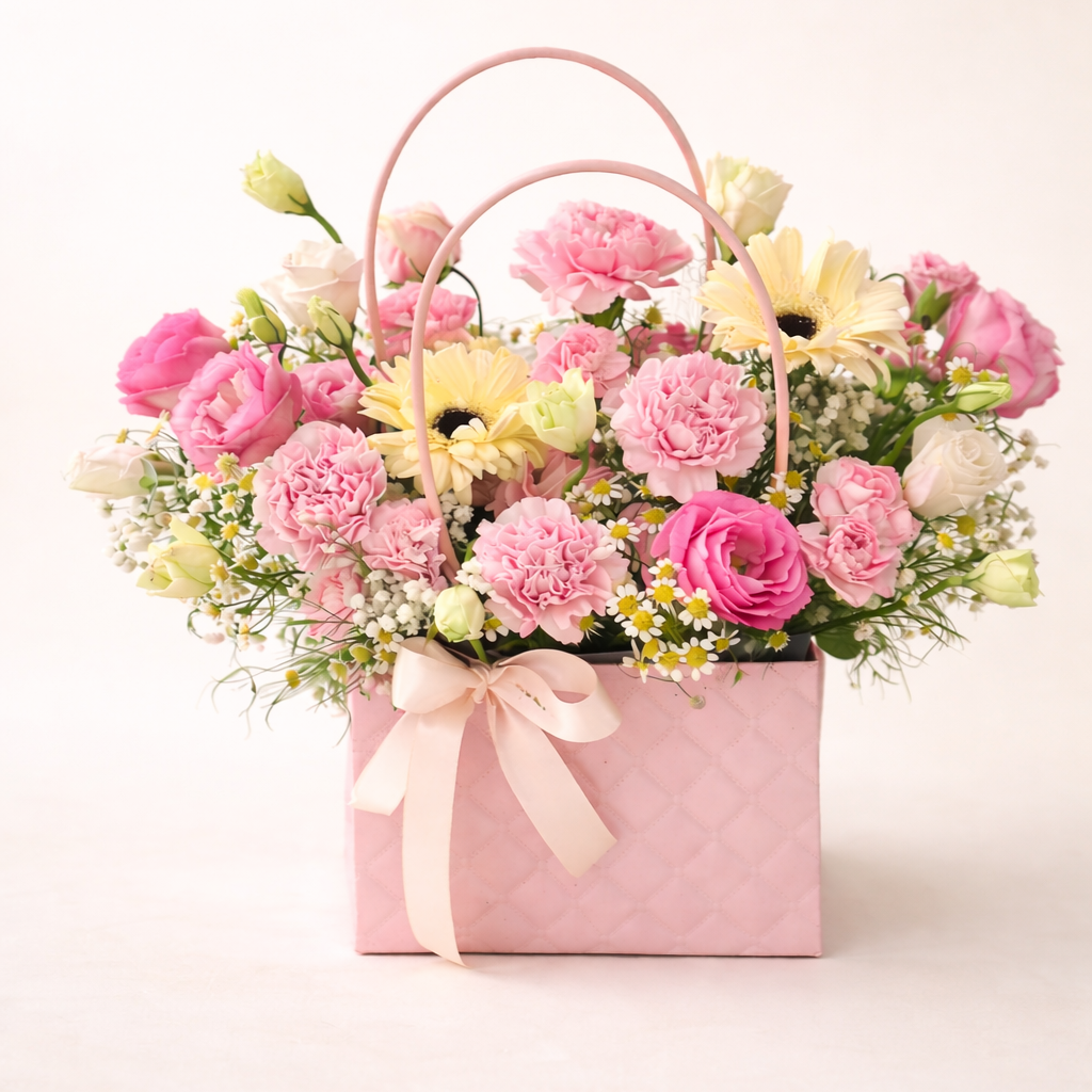 Floral arrangement in a pink tote with a decorative bow