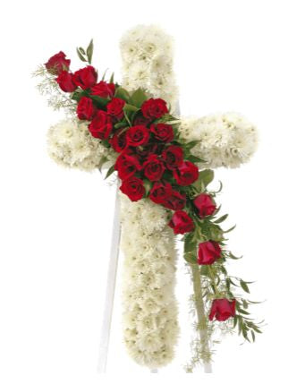 Sympathy floral cross with red roses and white flowers – Palm Harbor funeral delivery