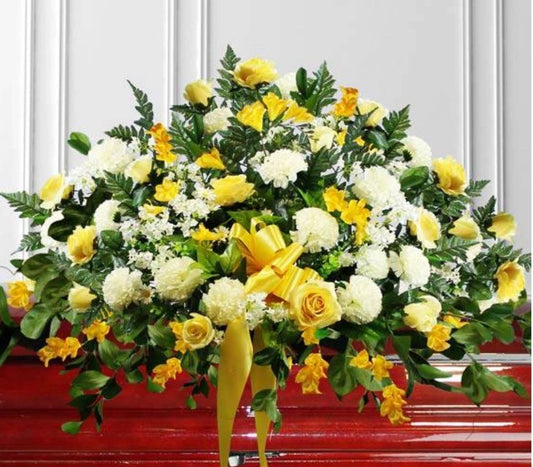 Casket Spray with Yellow & White Roses – Graceful Farewell Tribute
