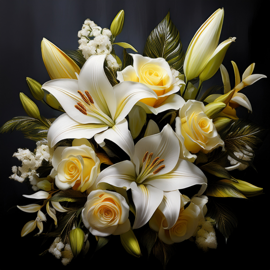Elegant white sympathy floral arrangement with orchids and roses for funeral delivery in Palm Harbor FL