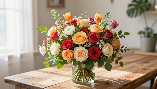 A vibrant, hand-arranged bouquet on a rustic wooden table in a sunlit Florida floral boutique, featuring fresh seasonal blooms like roses, tulips, and greenery.