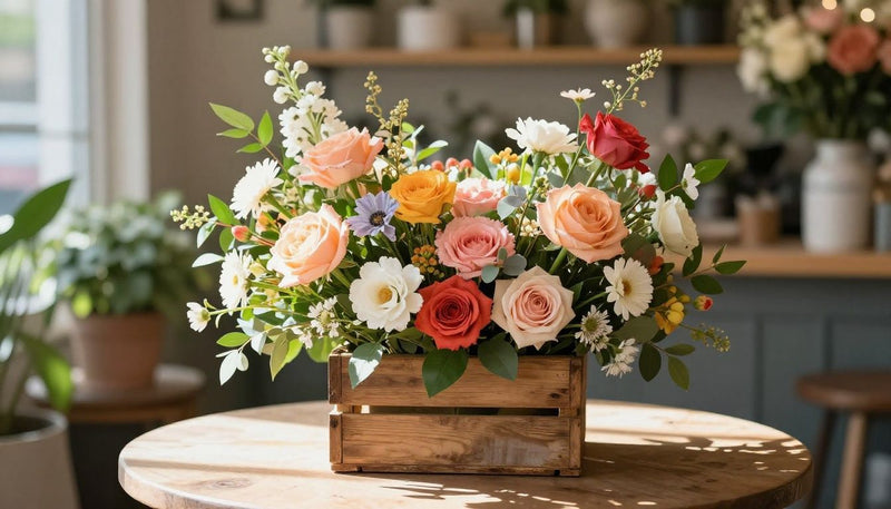 A beautiful, fresh, and vibrant floral arrangement displayed in a rustic wooden crate on a sunny table in a high-end local flower boutique.