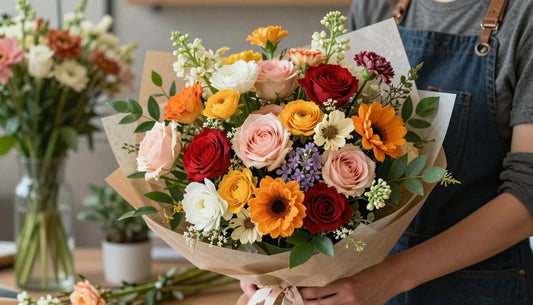 A beautiful, fresh, and handcrafted floral bouquet being prepared by an expert designer at a local boutique in Palm Harbor, showcasing vibrant colors and seasonal blooms.