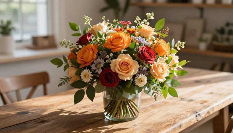 A warm, high-quality photograph of a vibrant, artisan-crafted floral bouquet placed on a rustic wooden table in a sunlit boutique interior, symbolizing local craftsmanship and care.