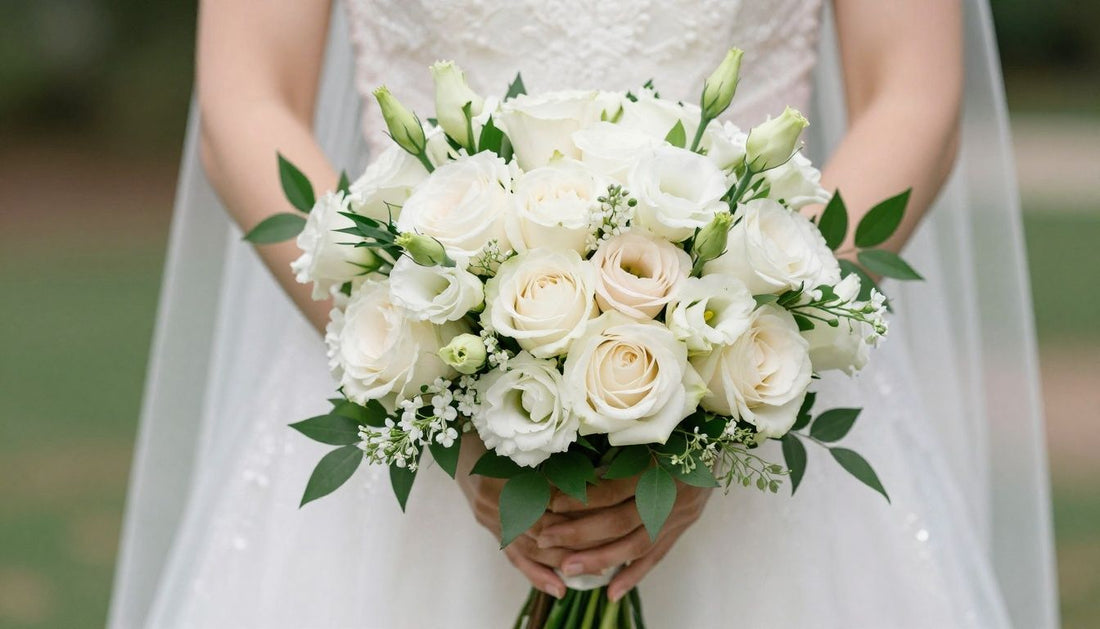 A sophisticated and elegant bridal bouquet featuring fresh seasonal white and blush roses, soft lisianthus, and lush greenery, professionally styled for a romantic Tampa Bay wedding.