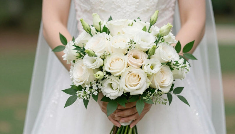 A sophisticated and elegant bridal bouquet featuring fresh seasonal white and blush roses, soft lisianthus, and lush greenery, professionally styled for a romantic Tampa Bay wedding.
