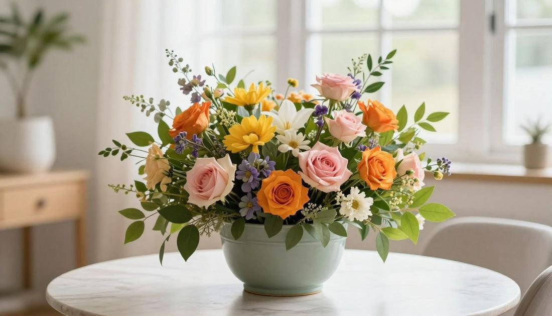 A beautiful, handcrafted bouquet of fresh seasonal flowers on a table in a bright, sunlit room in Palm Harbor, showcasing vibrant colors and professional design.