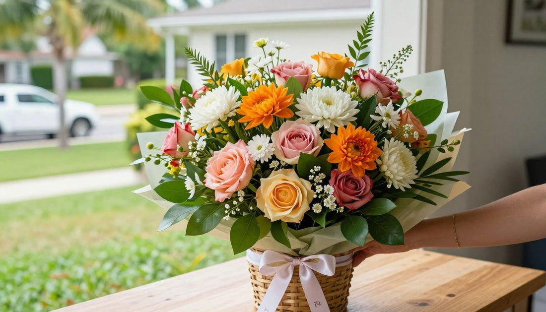 A beautiful, fresh, and handcrafted floral bouquet from Flowers N Baskets in a sunny Palm Harbor home setting.
