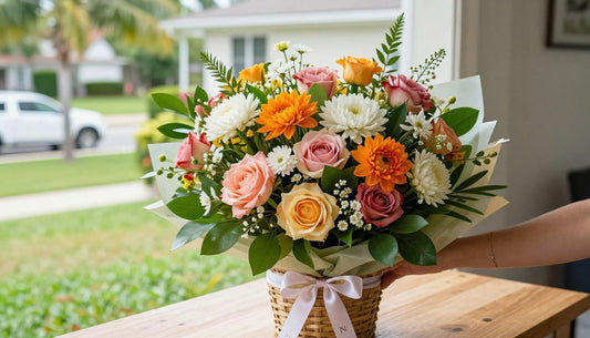 A beautiful, fresh, and handcrafted floral bouquet from Flowers N Baskets in a sunny Palm Harbor home setting.