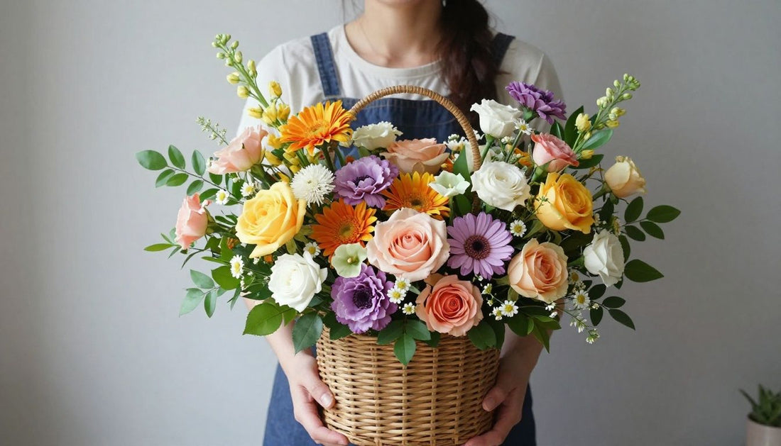 A beautiful, handcrafted floral arrangement prepared by a professional florist in a boutique shop setting, showcasing vibrant, fresh blooms ready for delivery.