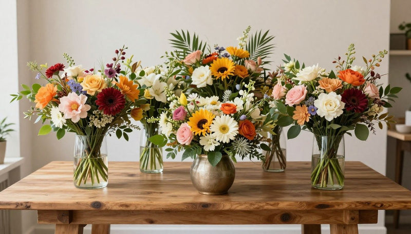 A warm and inviting professional floral boutique in Palm Harbor, showcasing vibrant handcrafted bouquets and fresh seasonal flowers on a rustic wooden table.