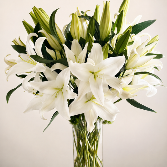 White Lily Bouquet in Glass Vase | Sympathy & Condolence Flowers