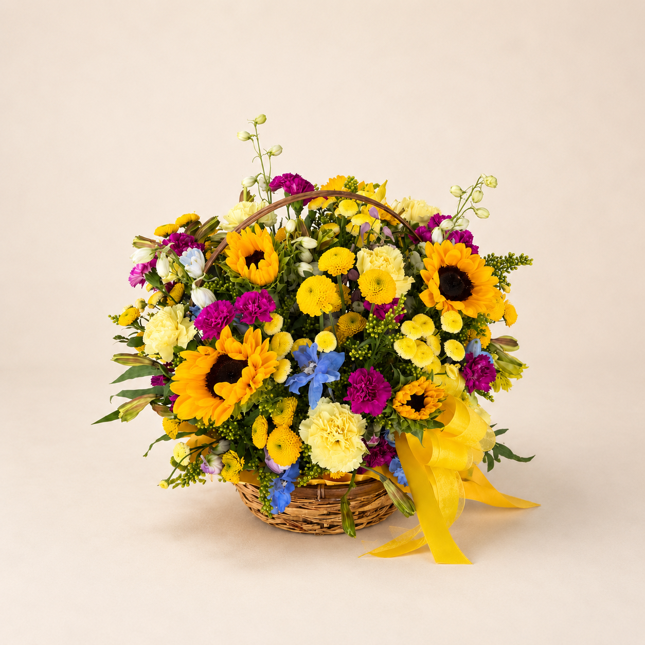 Fresh sunflower basket arrangement with yellow ribbon — hand-delivered in Tampa Bay