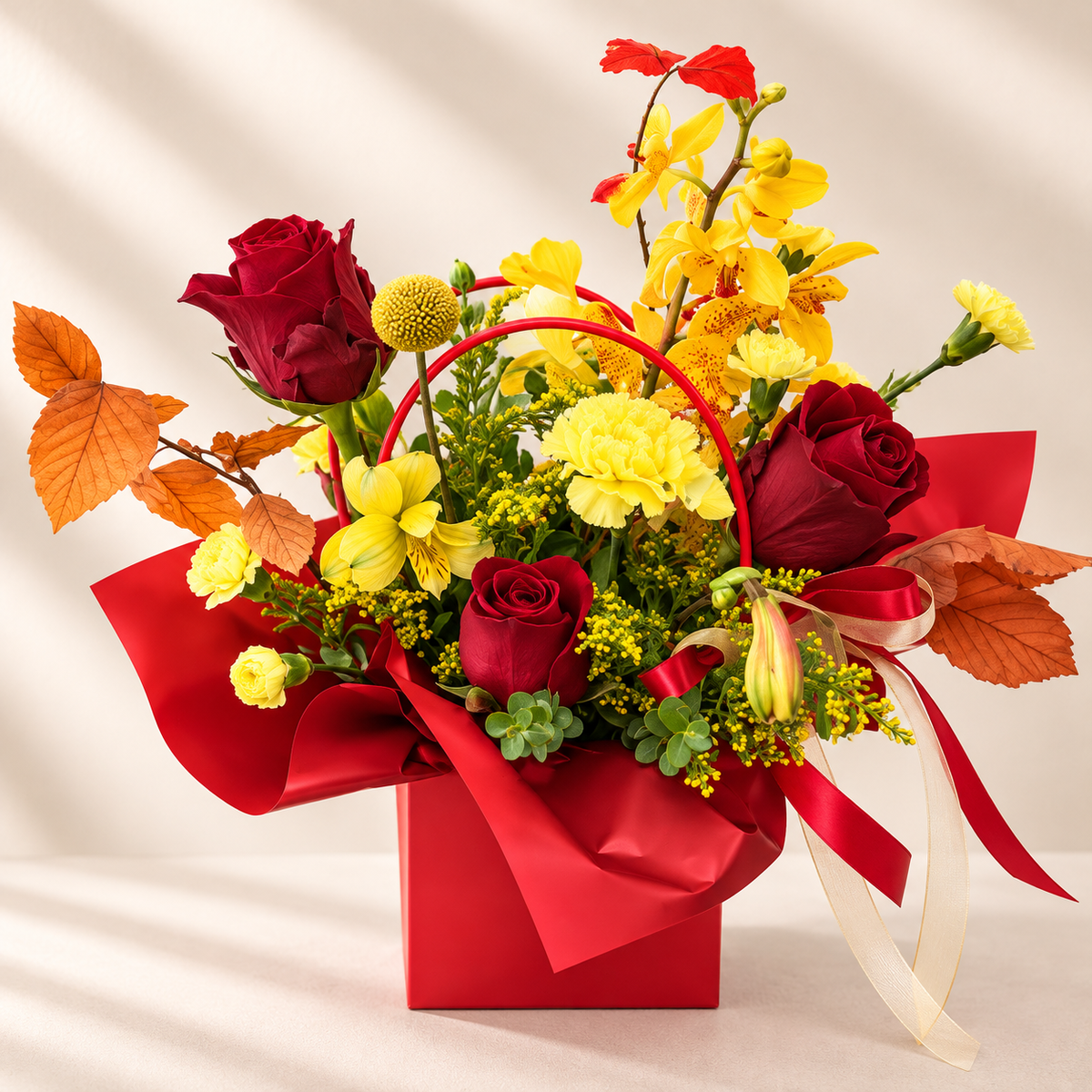 A vibrant floral gift arrangement featuring red roses, yellow carnations, yellow orchids, and orange autumn leaves, presented in a red  with red and cream ribbons.