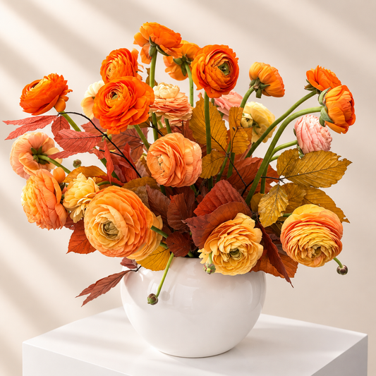 A vibrant fresh flowers arrangement featuring orange, peach, and yellow ranunculus flowers with autumn leaves, presented in a glossy white ceramic vase on a white pedestal against a warm beige background.