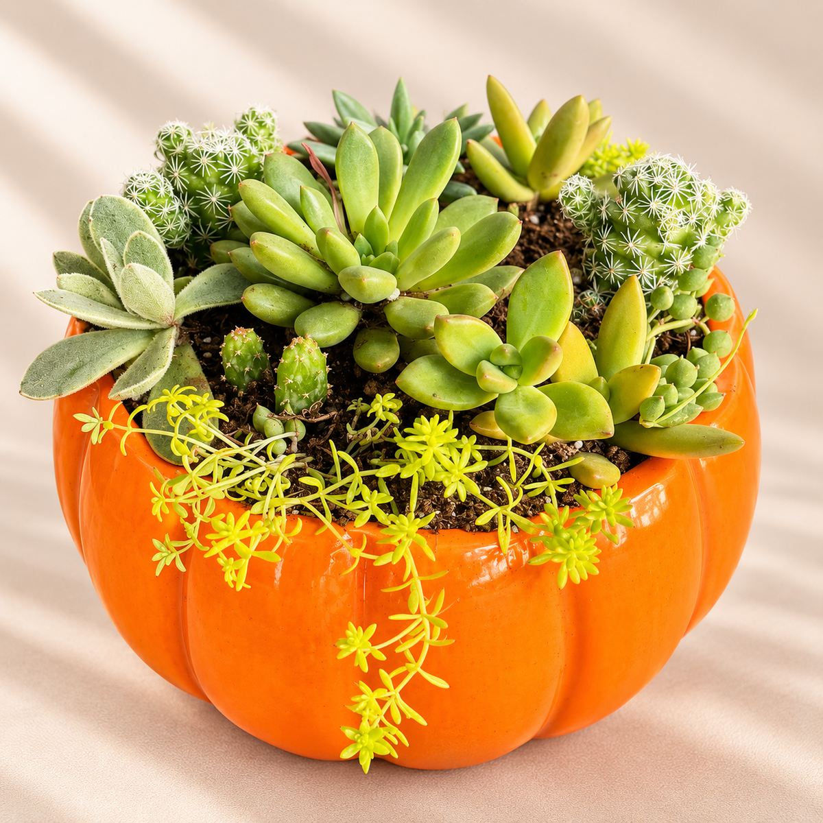 An orange pumpkin-shaped planter filled with assorted green succulents, cacti, 