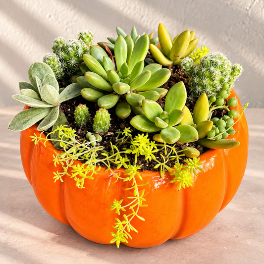 An orange pumpkin-shaped planter filled with green succulents, cacti, and small yellow-green trailing flowers, 