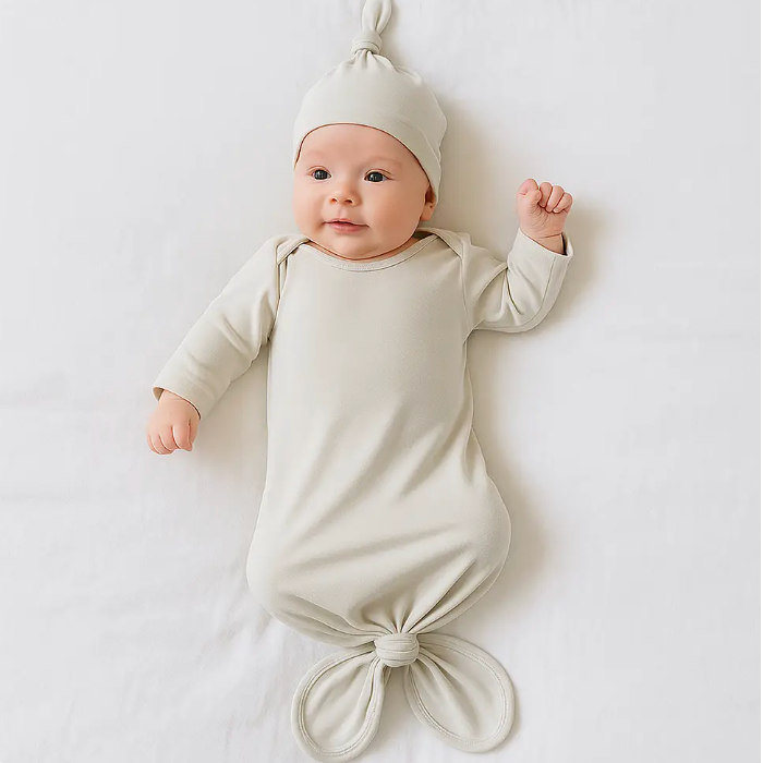 Baby in a beige knotted outfit and hat on a white background