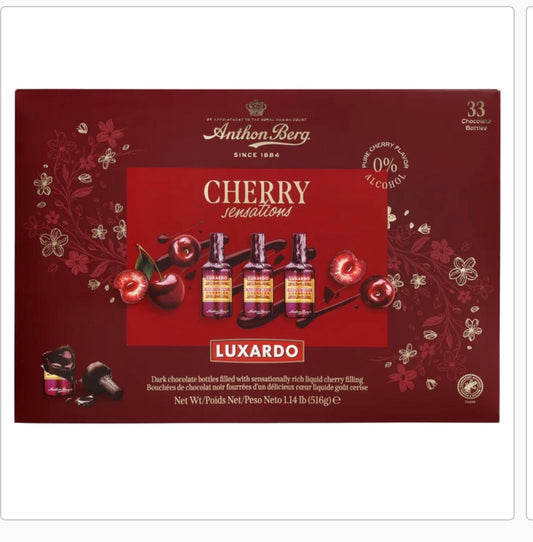 Luxardo Cherry Sensations packaging with chocolate bottles and cherries 