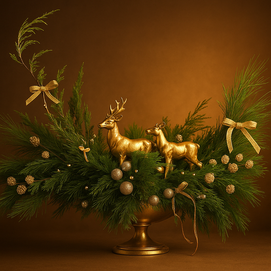 Decorative arrangement with gold deer figurines, greenery, and ribbons on a brown background