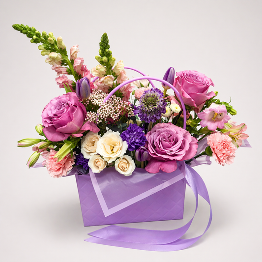 Colorful bouquet of flowers in a purple tote with a ribbon 