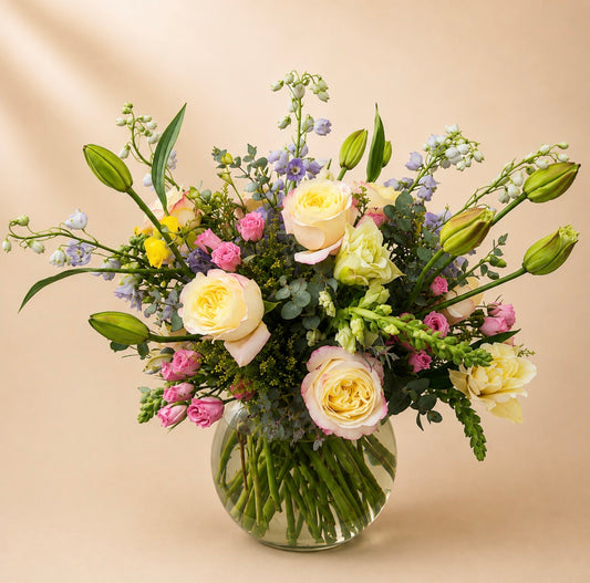 Garden Rose Bouquet in Glass Sphere Vase – Fresh & Luxurious