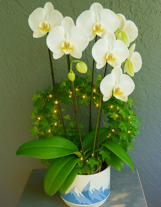 Winter Orchid Garden with Lights | Live White Phalaenopsis Orchid and English IVY in Ceramic  Pot