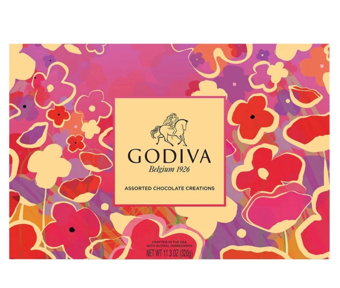 GODIVA chocolate packaging with colorful floral design
