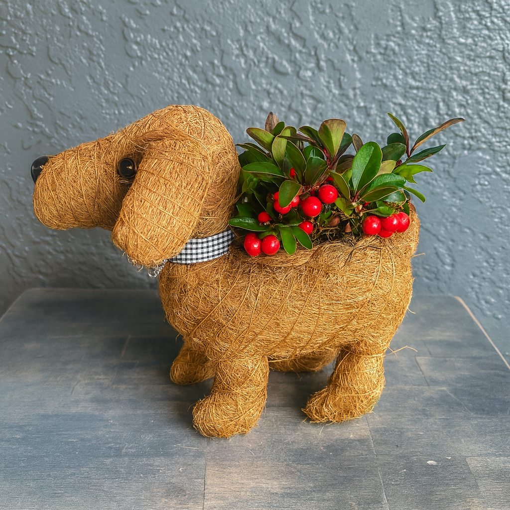 Christmas Dachshund Dog Planter with Live Plant | Holiday Home Décor Gift