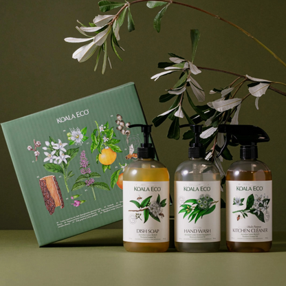 Koala Eco cleaning products with a green box on a dark background