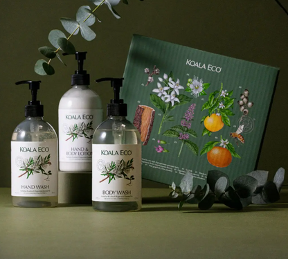 Koala Eco hand wash, body wash, and a product packaging with botanical design on a green background.