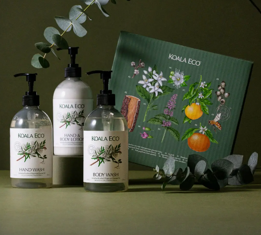 Koala Eco hand wash, body wash, and a product packaging with botanical design on a green background.