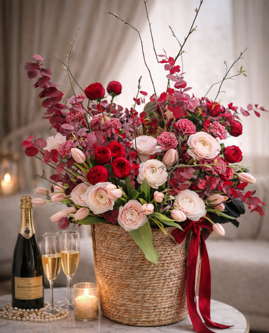 Bouquet of flowers in a woven basket 