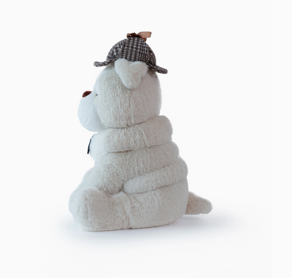 Plush dog toy with a checkered hat 