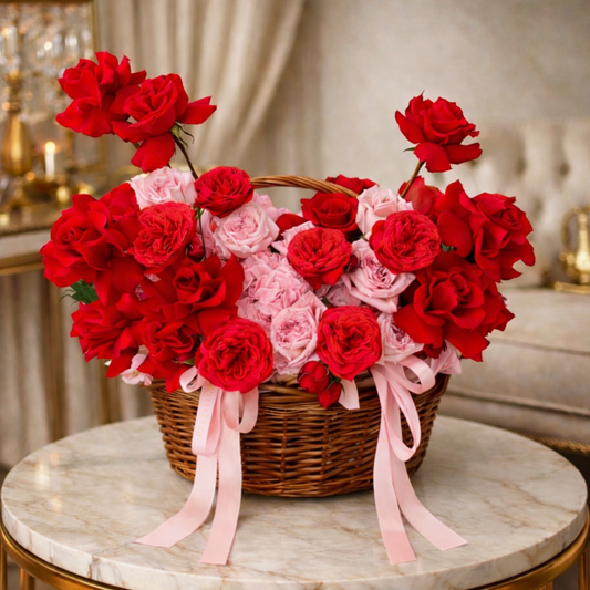 Basket of red and pink roses 