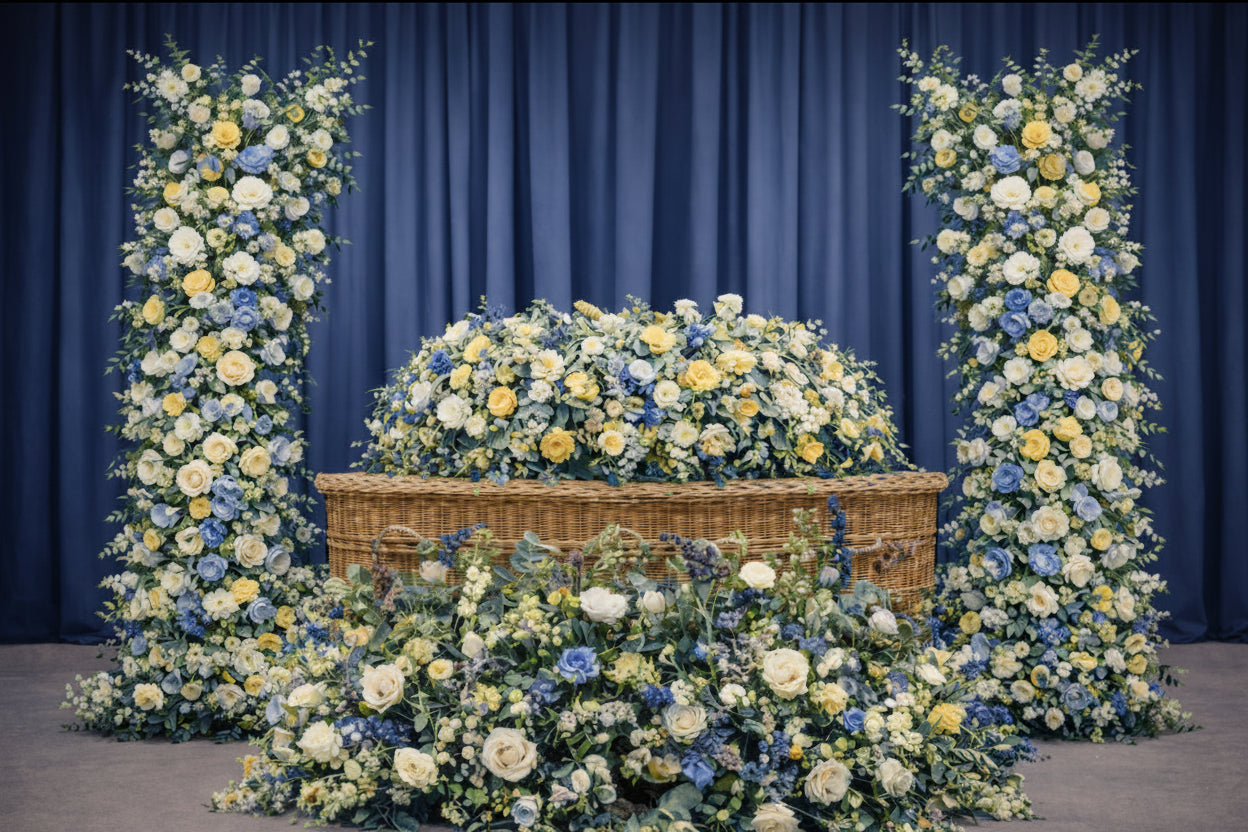 Decorative floral arrangement around a casket 