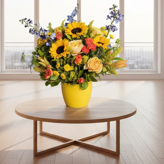 Bouquet of flowers with sunflowers and roses in a yellow vase 
