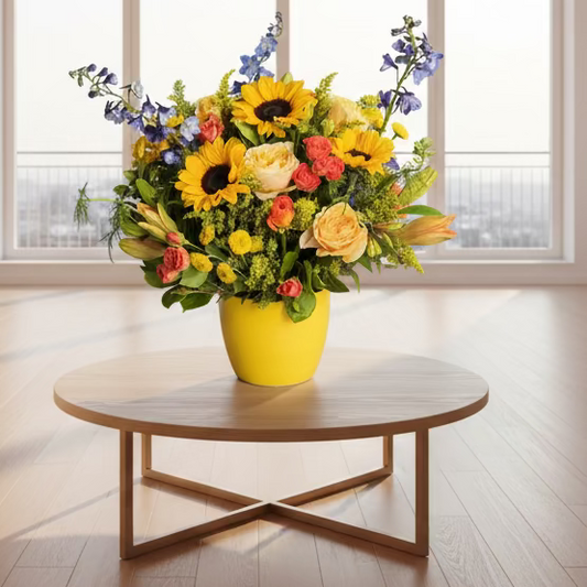 Bouquet of flowers with sunflowers and roses in a yellow vase 