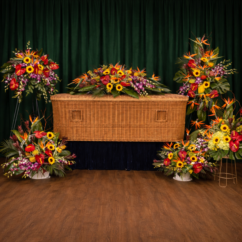 Wicker casket with colorful floral arrangements 