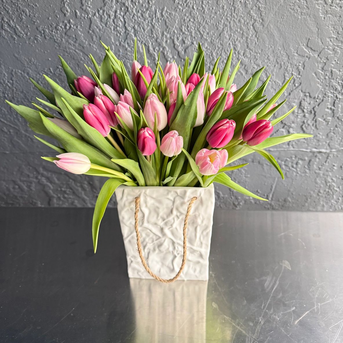 Tulip Treasure Tote 30 Fresh Tulips in Ceramic Tote | Flowers N