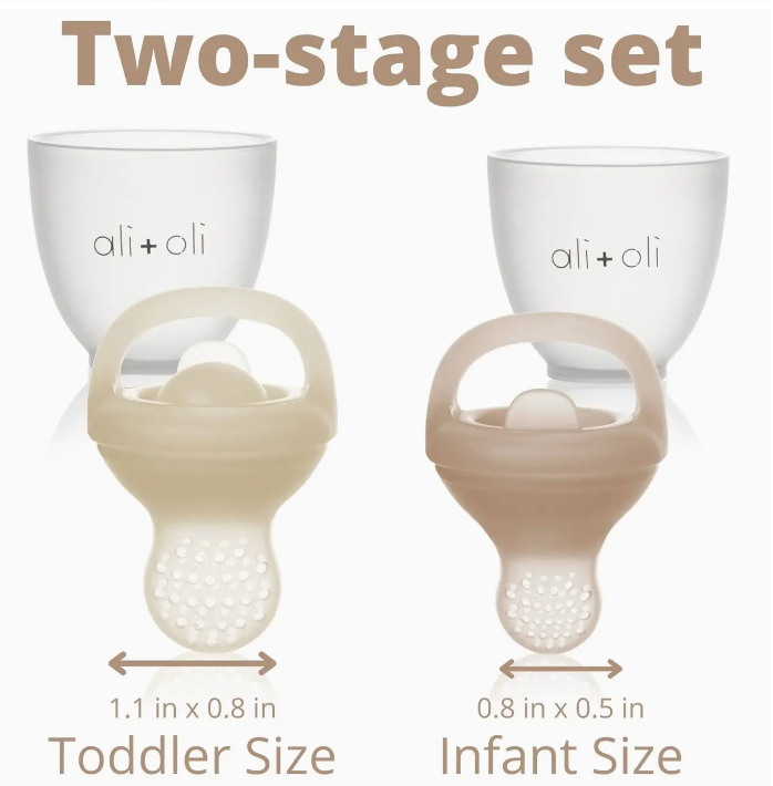 Two-stage baby pacifier set with 'ali+oli' branding on a white background.