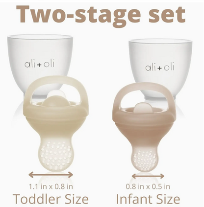 Two-stage baby pacifier set with 'ali+oli' branding on a white background.