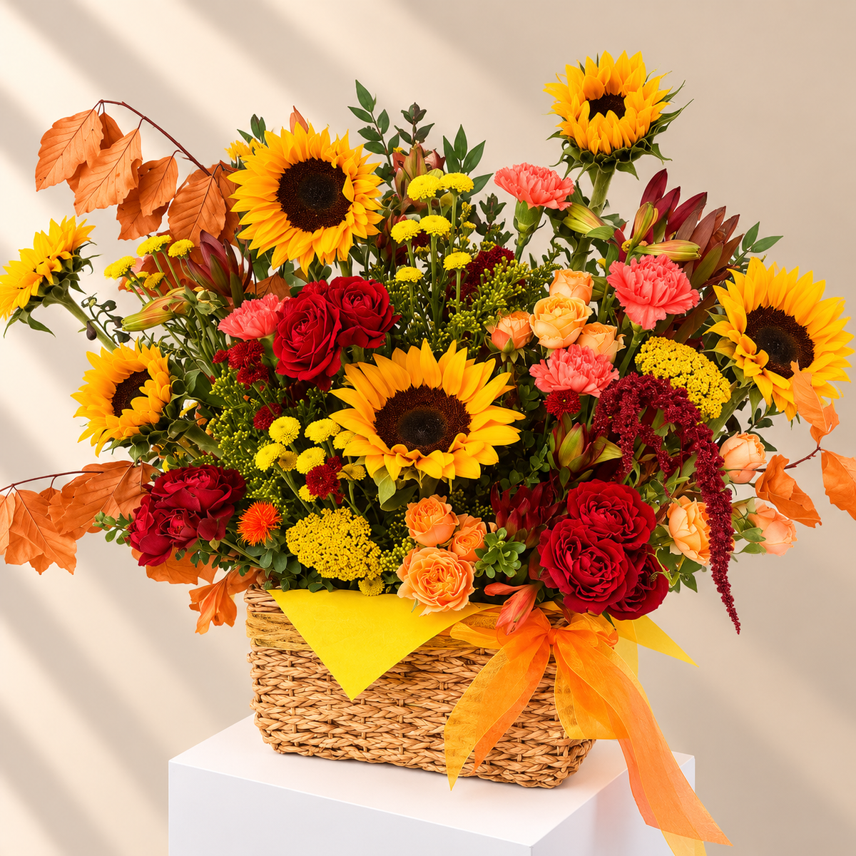 Autumn sunflower and red rose basket arrangement with yellow and orange bows, front view